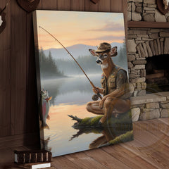 Maxcorners Deer Fisherman Catching Big Trout at Misty Lake Sunrise Wrapped Canvas Wall Art