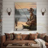 Maxcorners Deer Fisherman Catching Big Trout at Misty Lake Sunrise Wrapped Canvas Wall Art