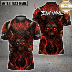 Maxcorners Bowling Shirt Demon Skull Roses Red Aura Personalized Name, Team Name 3D Shirt (4 Colors)