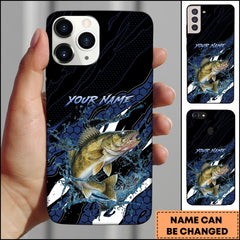 Maxcorners Walleye Fishing Phone Case Hexagon Tech Pattern Blue Splash Personalized Name Phone Case
