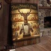 Maxcorners Elegant Deer Bartender Mixing Whiskey Cocktails in The Stag’s Den Wrapped Canvas Wall Art