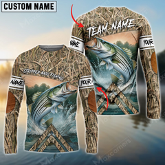 Maxcorners Stripped Bass Fishing Elbow Patch Pattern Personalized Name, Team Name 3D Long Sleeve Shirt