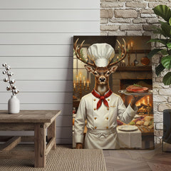 Maxcorners Deer Chef in White Uniform Serving Steak beside Fireplace Wrapped Canvas Wall Art