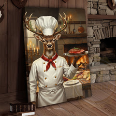 Maxcorners Deer Chef in White Uniform Serving Steak beside Fireplace Wrapped Canvas Wall Art