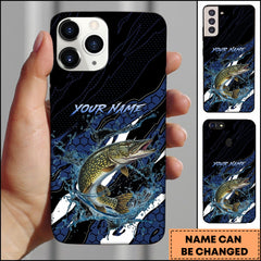 Maxcorners Pike Fishing Phone Case Hexagon Tech Pattern Blue Splash Personalized Name Phone Case