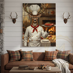 Maxcorners Deer Chef in White Uniform Serving Steak beside Fireplace Wrapped Canvas Wall Art