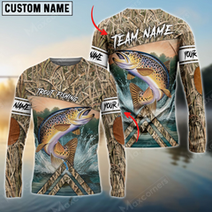 Maxcorners Trout Fishing Elbow Patch Pattern Personalized Name, Team Name 3D Long Sleeve Shirt