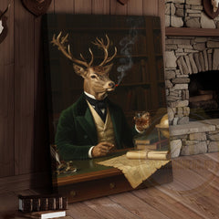 Maxcorners Aristocrat Deer Scholar with Whiskey and Cigar in Victorian Library Wrapped Canvas Wall Art