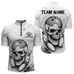 Maxcorners Black and White Grunge Skull Bowling Polo, 1/4 Zip Shirts For Men Custom Skull team bowling jerseys LM154