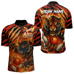 Maxcorners Personalized Tiger Bowling Shirts For Men, Orange Flame Lightning Thunder Tiger Team Bowling Jerseys LM105
