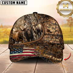 Maxcorners Moose Hunting Camo With American Flag Personalized Hat 3D Printed Multicolor | Brown