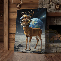Maxcorners Astronaut Deer Standing on the Moon with Earth in Background Wrapped Canvas Wall Art