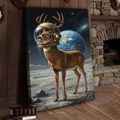 Maxcorners Astronaut Deer Standing on the Moon with Earth in Background Wrapped Canvas Wall Art