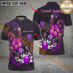 Maxcorners Ball And Pins Flower Pattern Premium Bowling Jersey Multicolor Option Customized Name, Team Name 3D Polo Shirt