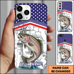 Maxcorners Trout Fishing American Flag Nautical Sketch Style Personalized Name Phone Case