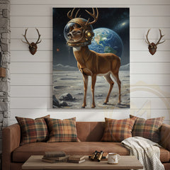 Maxcorners Astronaut Deer Standing on the Moon with Earth in Background Wrapped Canvas Wall Art