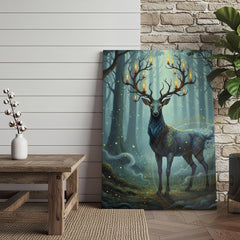 Maxcorners Magical Blue Deer with Glowing Antlers and Forest Fireflies Wrapped Canvas Wall Art
