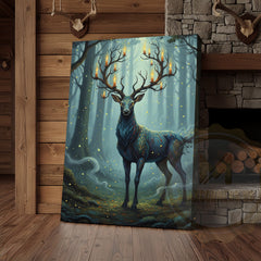 Maxcorners Magical Blue Deer with Glowing Antlers and Forest Fireflies Wrapped Canvas Wall Art