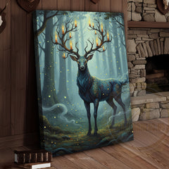 Maxcorners Magical Blue Deer with Glowing Antlers and Forest Fireflies Wrapped Canvas Wall Art