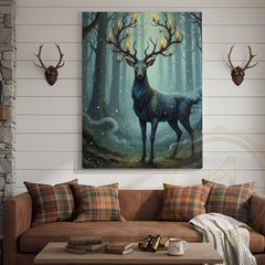 Maxcorners Magical Blue Deer with Glowing Antlers and Forest Fireflies Wrapped Canvas Wall Art