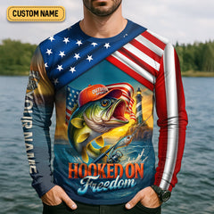 Maxcorners Hooked On Freedom Patriotic Fishing Shirt, Largemouth Bass Fishing SPF Shirt For Men, Men's Fishing Shirt