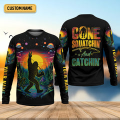 Maxcorners Gone Squatchin And Catching Alien Bigfoot Funny Fishing Shirt, SPF Shirt For Men, Fishing Shirts For Men