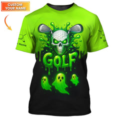 Maxcorners Halloween Golf Polos, Green Skull Golf Shirt For Men, Custom Name Golf Polo, Funny Golf Shirts For Golfers