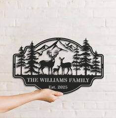 Maxcorners Personalized Deer Family Metal Sign WITH LED/WITHOUT LED - Rustic Cabin Wall Decor, Custom Name Hunting Lodge Sign LM0110