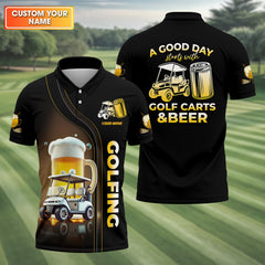Maxcorners A Good Day Starts With Golf Carts And Beer Custom Men's Golf Polo Shirt, Funny Golf Shirt, Dad Golf Gift