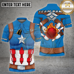 Maxcorners Bowling Captain Shield Star Armor Flaming Ball Multi Options Personalized Name, Team Name 3D Shirt