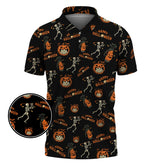 Maxcorners Pattern Golf Shirt, Halloween Skeleton With Pumpkin Golf Polos, Funny Golf Shirt For Men