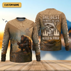 Maxcorners The Best Things In Life Are Wild And Free Custom Name Bigfoot Fishing SPF Shirt For Men, Gift For Fisherman