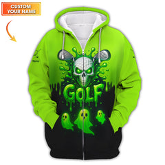 Maxcorners Halloween Golf Polos, Green Skull Golf Shirt For Men, Custom Name Golf Polo, Funny Golf Shirts For Golfers