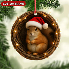 Maxcorners Personalized Squirrel Christmas Ornament, Custom Name Woodland Nest Santa Hat Decoration, Cute Holiday Tree Hanging Gift for Animal Lovers MT2411