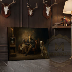 Maxcorners Deer Gentleman with Hunting Dogs in Rustic Room Wrapped Canvas