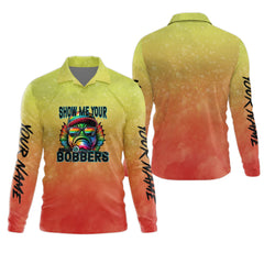 Maxcorners Show Me Your Bobbers Shirt, Orange Yellow Men Fishing Shirt, Funny Fishing Shirt, SPF Shirt