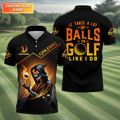 Maxcorners It Takes A Lot Of Golf Balls To Golf Like I Do Golden Fire Custom Men's Golf Polo Shirt, Dad Golf Gifts
