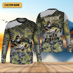 Maxcorners Wishin I Was Fishin Camo Fishing Shirt, Bass Fishing Shirt, SPF Shirt For Men, Presents For Fishermen