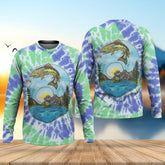 Maxcorners Bear Fishing Green And Purple Cool Tie Dye Patterns Fishing UPF Shirts, Fishing Gifts For Men, Men's Fishing Shirt