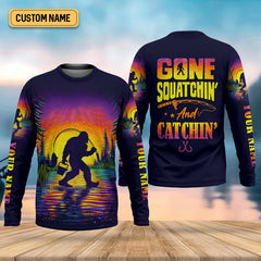 Maxcorners Gone Squatchin And Catching Sunset Fishing UPF Shirts, Funny Fishing Shirt, Sasquatch Fishing Shirts For Men