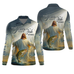 Maxcorners Even Jesus Has A Fish Story Funny Fishing Shirt, SPF Shirt For Men, Men Long Sleeve Shirt