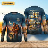 Maxcorners The Best Things In Life Are Wild And Free Funny Bigfoot Fishing SPF Shirt For Men, Gift For Fisherman