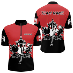 Maxcorners Black and Red maple leaf Mens bowling shirts Custom Canadian Flag bowling team jerseys, bowlers gifts LM2404
