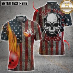 Maxcorners Bowling Skull Strike US Flag Customized Name, Team Name 3D Unisex Shirt