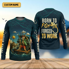 Maxcorners Born To Fish Forced To Work Funny Skeleton Fishing UPF Shirts, Presents For Fishermen, Men's Fishing Shirt