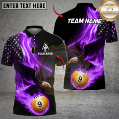 Maxcorners Billiards Ball 9 Eagle Flag Flame Personalized Name Shirt (4 Colors)