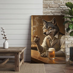 Maxcorners Wolf Gentleman Smoking Cigar and Drinking Beer in Rustic Bar Wrapped Canvas Wall Art