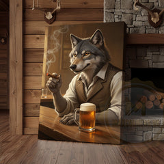 Maxcorners Wolf Gentleman Smoking Cigar and Drinking Beer in Rustic Bar Wrapped Canvas Wall Art