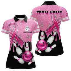 Maxcorners Black And Pink Ribbon Glitter Bowling Shirts For Men Custom Breast Cancer Team Bowling Jerseys LM105