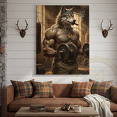 Maxcorners Muscular Wolf Bodybuilder Lifting Dumbbells in Vintage Gym with Smoke and Light Beams Wrapped Canvas Wall Art